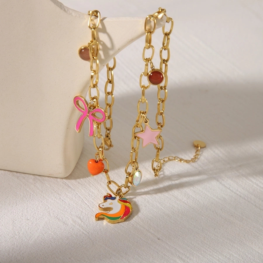 Jewelry Simple Style Classic Style Commute Rainbow Star Heart Shape 304 Stainless Steel Acrylic 18K Gold Plated Enamel Inlay Double Layer Necklaces