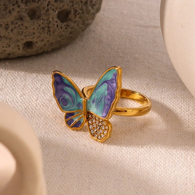 Jewelry IG Style Simple Style Butterfly 304 Stainless Steel Zircon 18K Gold Plated Enamel Inlay Rings
