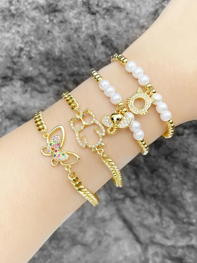 Copper 18K Gold Plated Inlay Owl Butterfly Elephant Zircon Bracelets