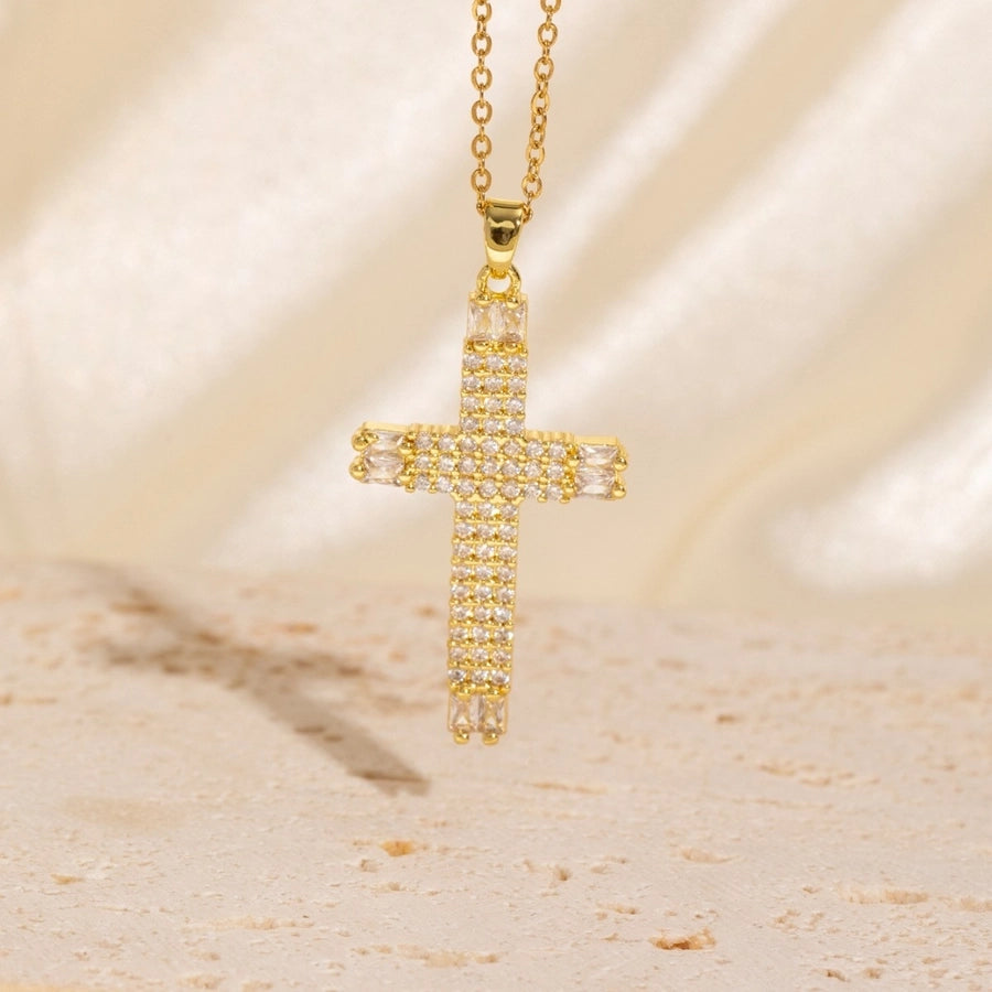 Copper Plating Cross Zircon Pendant Necklace