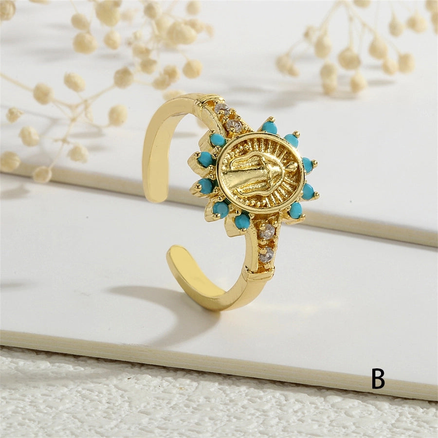 Copper Inlay Human Geometric Virgin Mary Zircon Open Rings