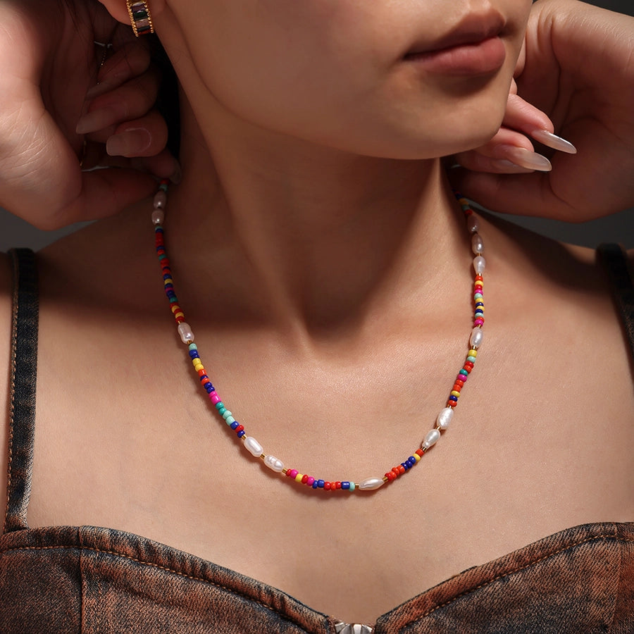 Jewelry Elegant Vacation Geometric 304 Stainless Steel Natural Freshwater Pearl 18K Gold Plated Beaded Necklace