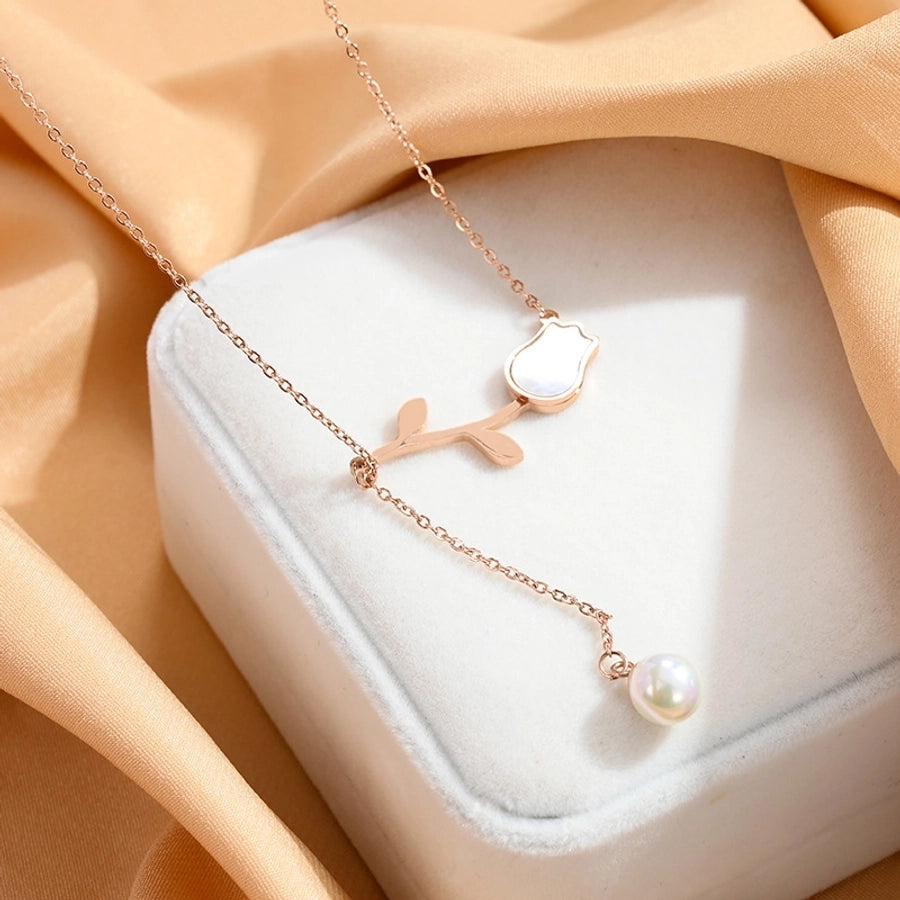 [Whole Body Titanium Steel] Tulip Pearl Pendant Necklace Light Luxury Classic Style Necklace