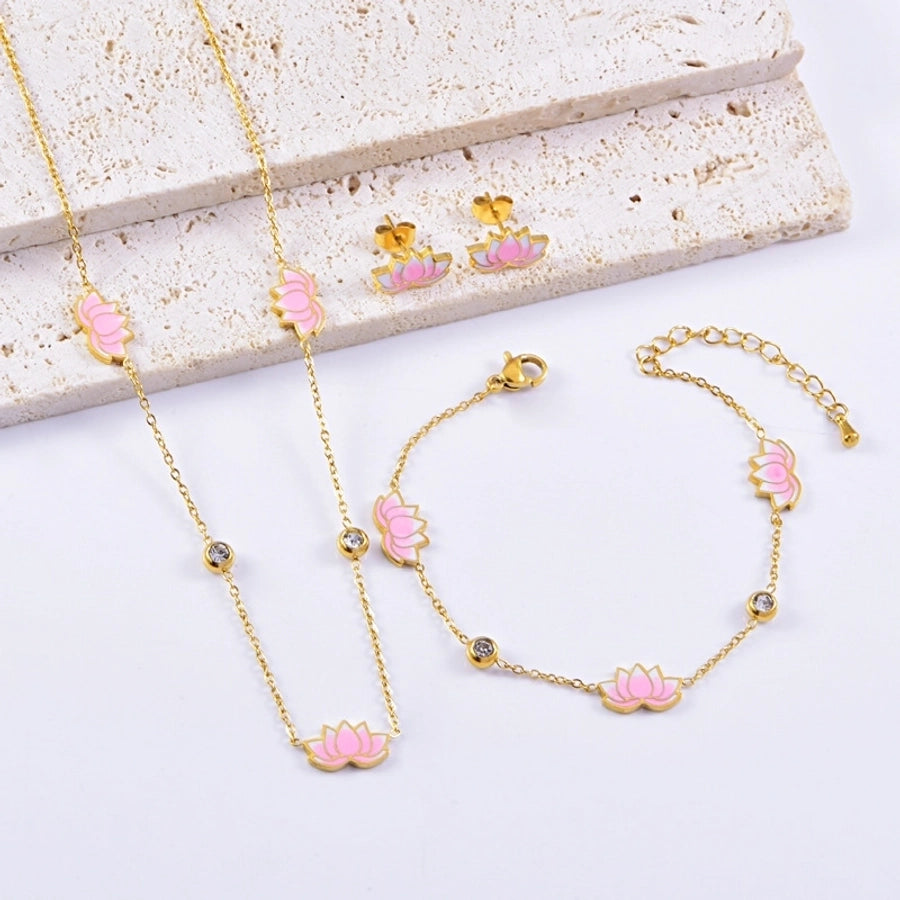 Jewelry Sweet Flower Titanium Steel Gold Plated Epoxy Plating Bracelets Jewelry Set