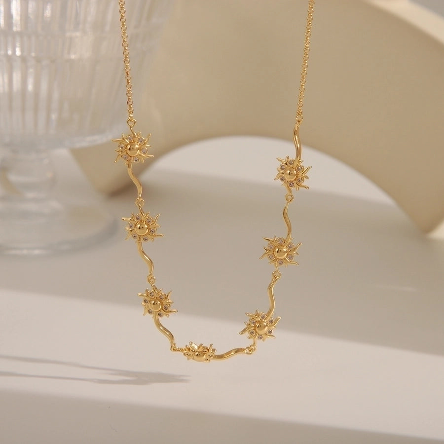 Copper 14K Gold Plated Inlay Sun rose flower Bow Knot Zircon Bracelets Necklace