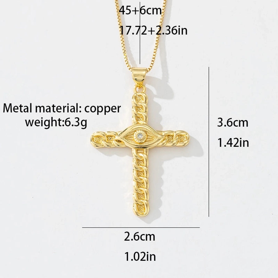 Copper box chain 18K Gold Plated Inlay Carving Cross Zircon Pendant Necklace