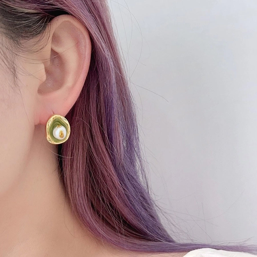 1 Pair Retro Baroque Style Geometric Inlay Copper Freshwater Pearl 18K Gold Plated Ear Studs