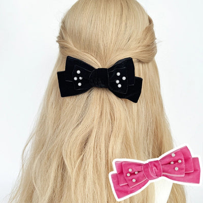Women's Basic Bow Knot Flocking Inlaid Pearls Hair Clip