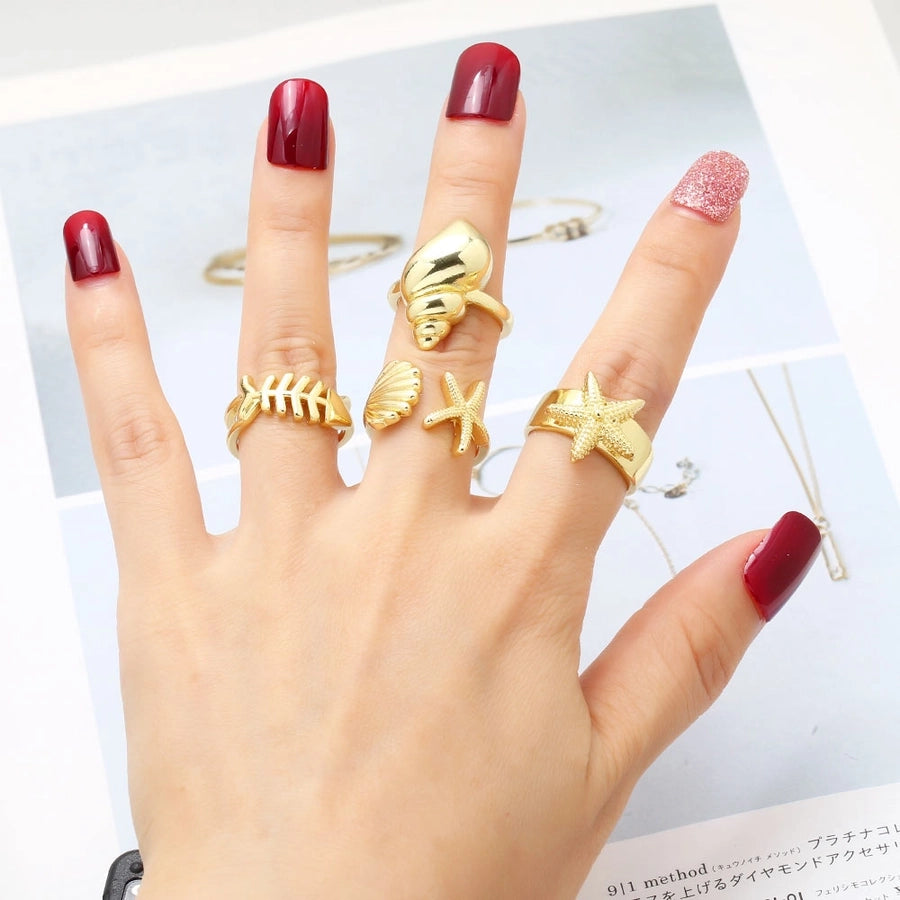 Copper 18K Gold Plated Plating Starfish Conch Fish Bone Open Rings