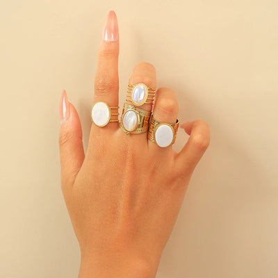 Jewelry Vintage Style Simple Style Commute Oval 304 Stainless Steel Natural Stone Fritillary 14K Gold Plated Plating Hollow Out Stainless Steel Rings