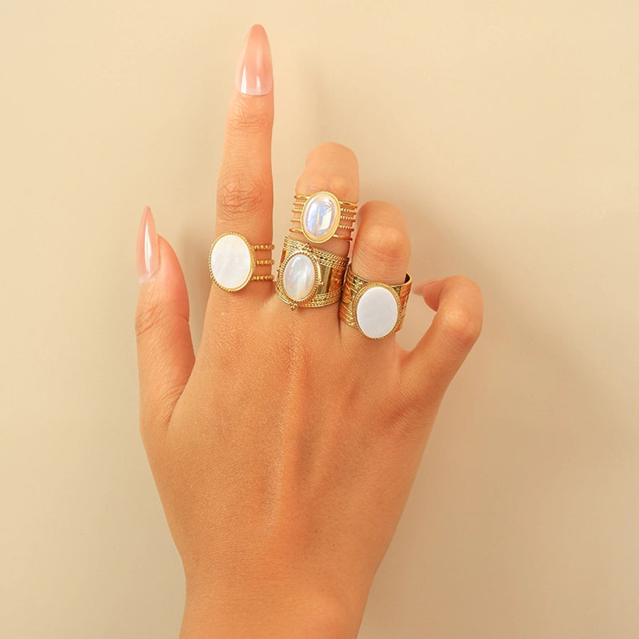 Jewelry Vintage Style Simple Style Commute Oval 304 Stainless Steel Natural Stone Fritillary 14K Gold Plated Plating Hollow Out Stainless Steel Rings