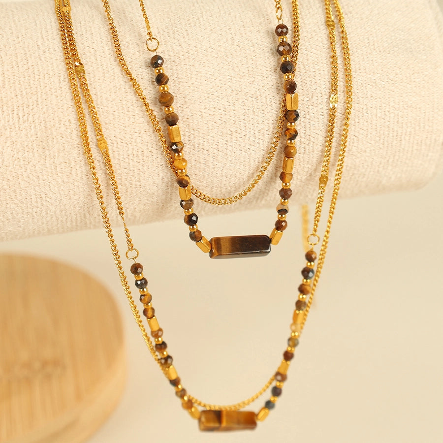 Jewelry IG Style Vintage Style Geometric 304 Stainless Steel Tiger Eye 18K Gold Plated Polishing Double Layer Necklaces