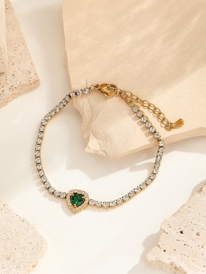 Elegant Lady Streetwear Oval Heart Shape Titanium Steel 18K Gold Plated Artificial Crystal Bracelets In Bulk