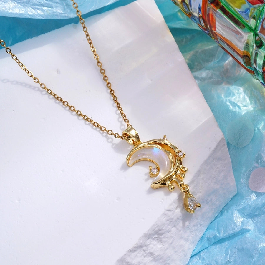 304 Stainless Steel Copper Inlay Moon Zircon Pendant Necklace