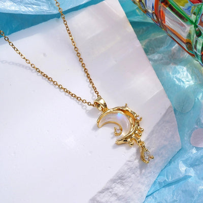 304 Stainless Steel Copper Inlay Moon Zircon Pendant Necklace