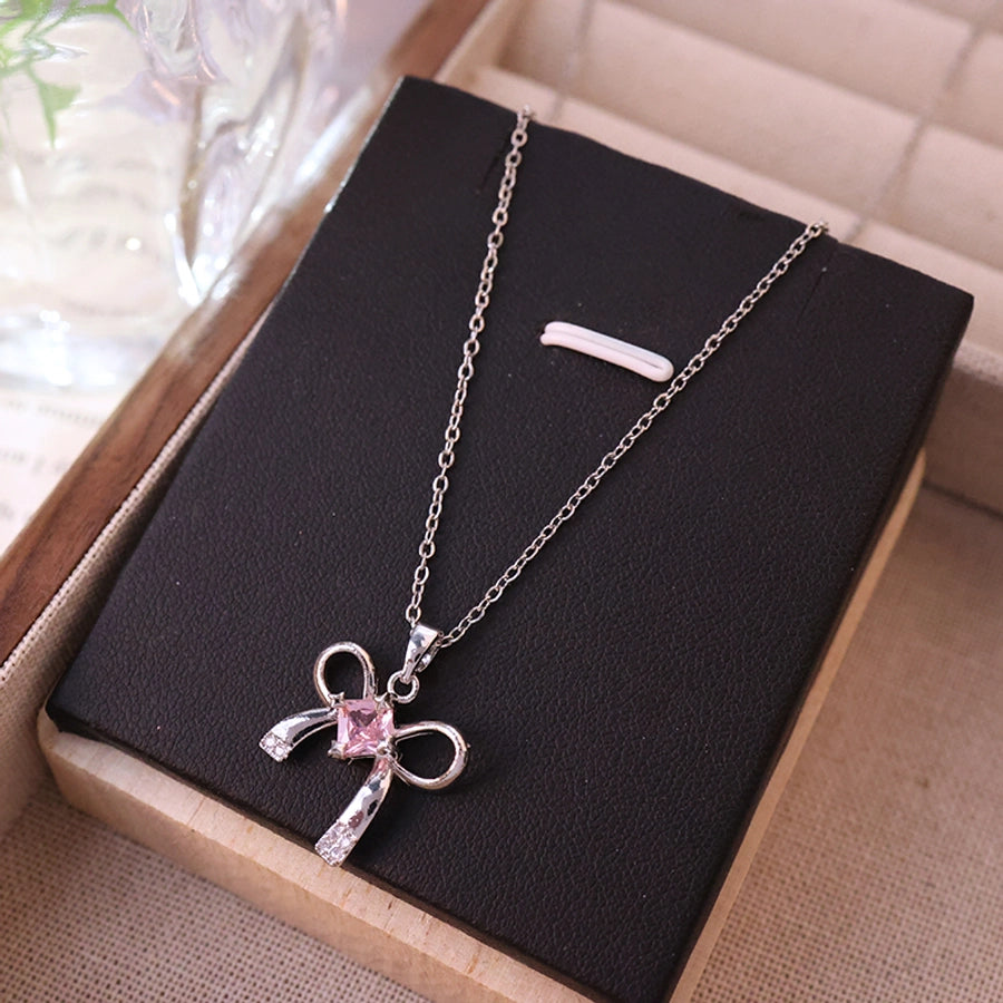 304 Stainless Steel Copper 18K Gold Plated K Gold Plated Inlay Bow Knot Zircon Pendant Necklace