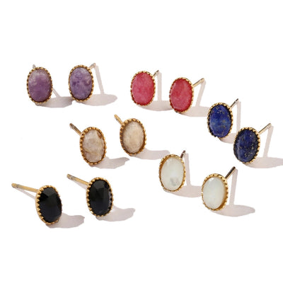 One Pack and Two Pairs Retro French Style Geometric Plating Titanium Steel Natural Stone 14K Gold Plated Ear Studs