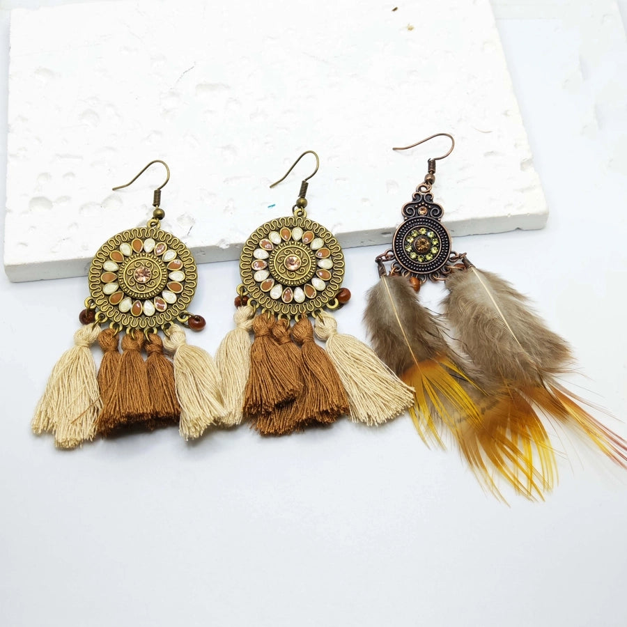 1 Pair Retro Tropical Geometric Round Leaves Tassel Plating Braid 304 Stainless Steel Feather 18K Gold Plated Drop Earrings