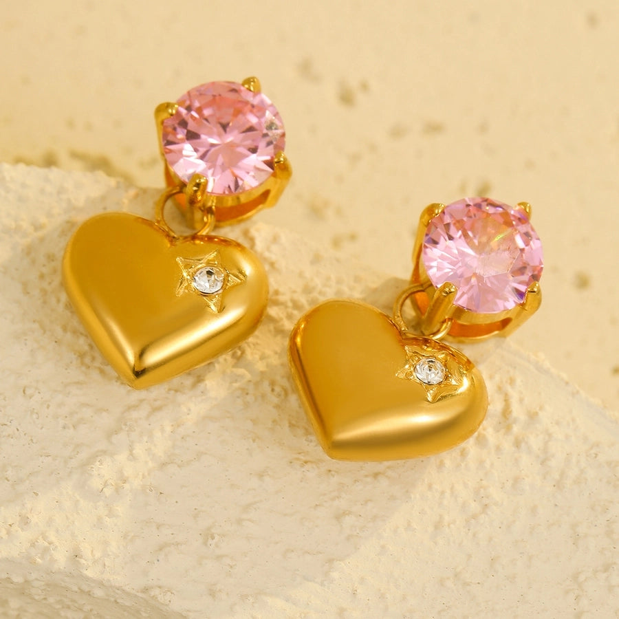 1 Pair Retro Sweet Round Heart Shape Inlay 304 Stainless Steel Zircon 18K Gold Plated Drop Earrings