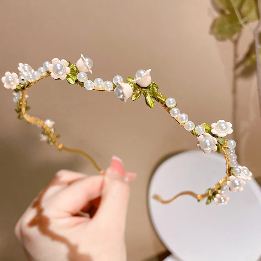 women's fairy style sweet waves flower imitation pearl alloy hair band