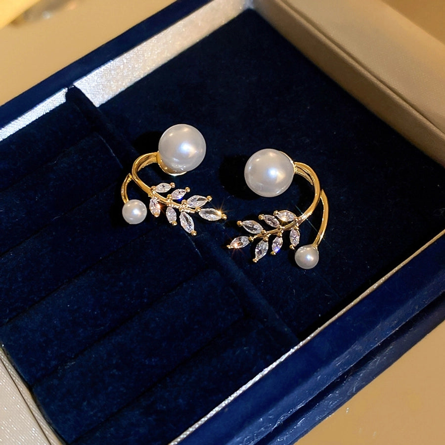 1 Pair Casual Simple Style Streetwear Leaf Plating Copper Artificial Pearls Zircon Earrings