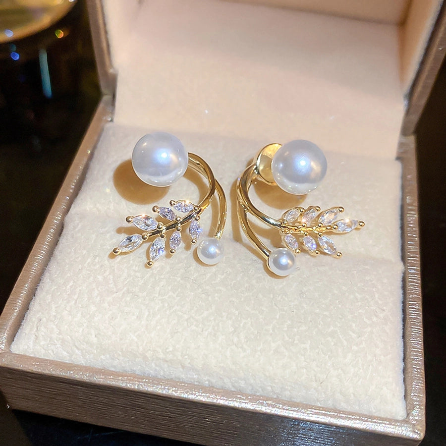 1 Pair Casual Simple Style Streetwear Leaf Plating Copper Artificial Pearls Zircon Earrings
