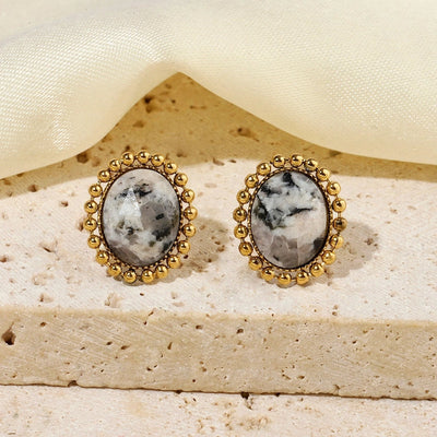 One Pack and Two Pairs Retro French Style Geometric Plating Titanium Steel Natural Stone 14K Gold Plated Ear Studs