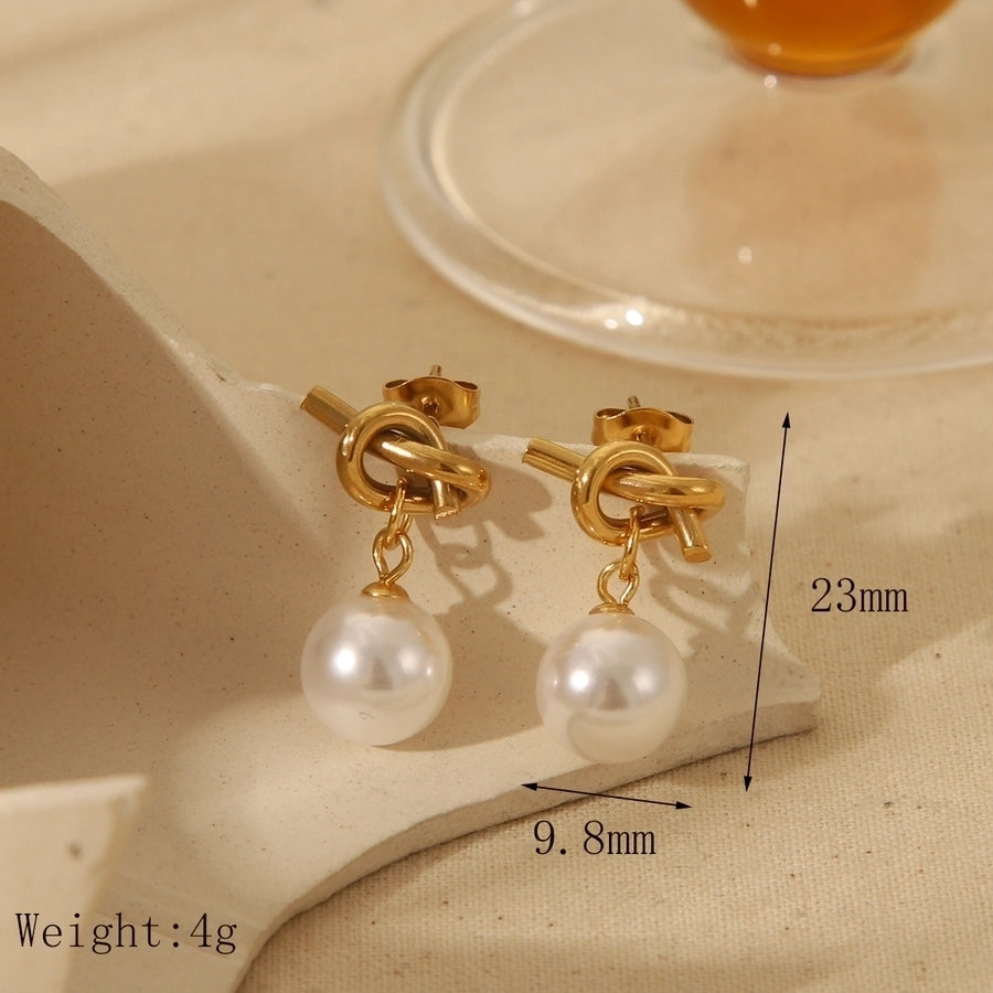 1 Pair French Style Romantic Knot Plating Inlay 304 Stainless Steel Imitation Pearl 18K Gold Plated Ear Studs