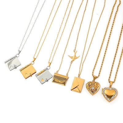 Jewelry IG Style envelope Heart Shape Titanium Steel Zircon Gold Plated Inlay Pendant Necklace