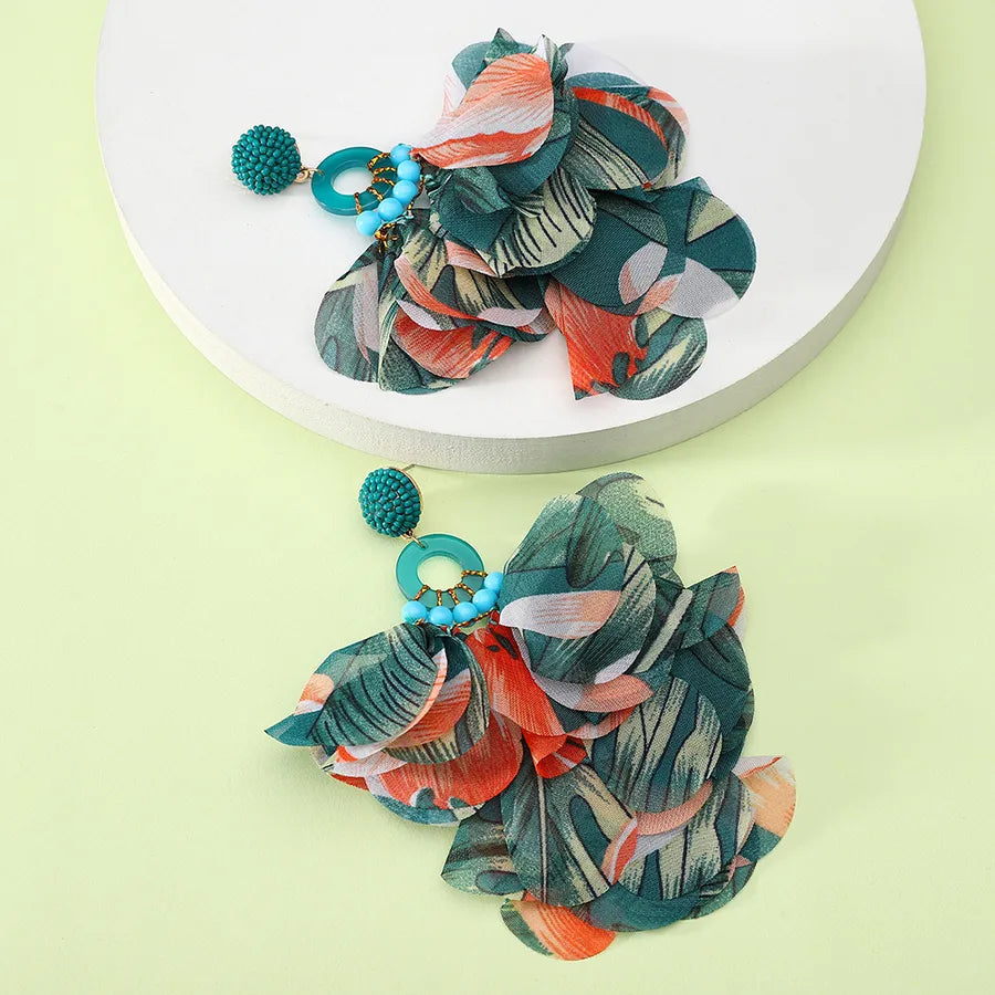 1 pair elegant vacation petal beaded handmade beaded cloth lace drop earrings