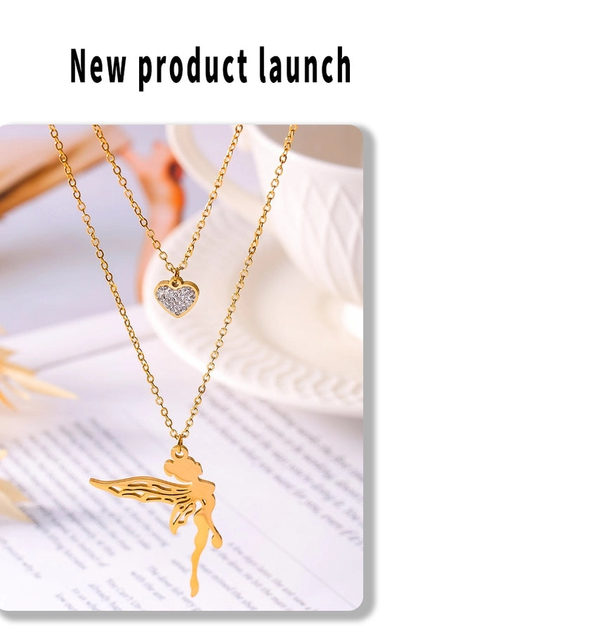 Jewelry Sweet Korean Style Angel Heart Shape 304 Stainless Steel Rhinestones 18K Gold Plated Layered Plating Inlay Double Layer Necklaces Pendant Necklace