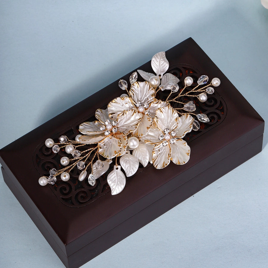 Women's Princess Sweet Leaf Flower Arylic Artificial Crystal Imitation Pearl Hair Clip