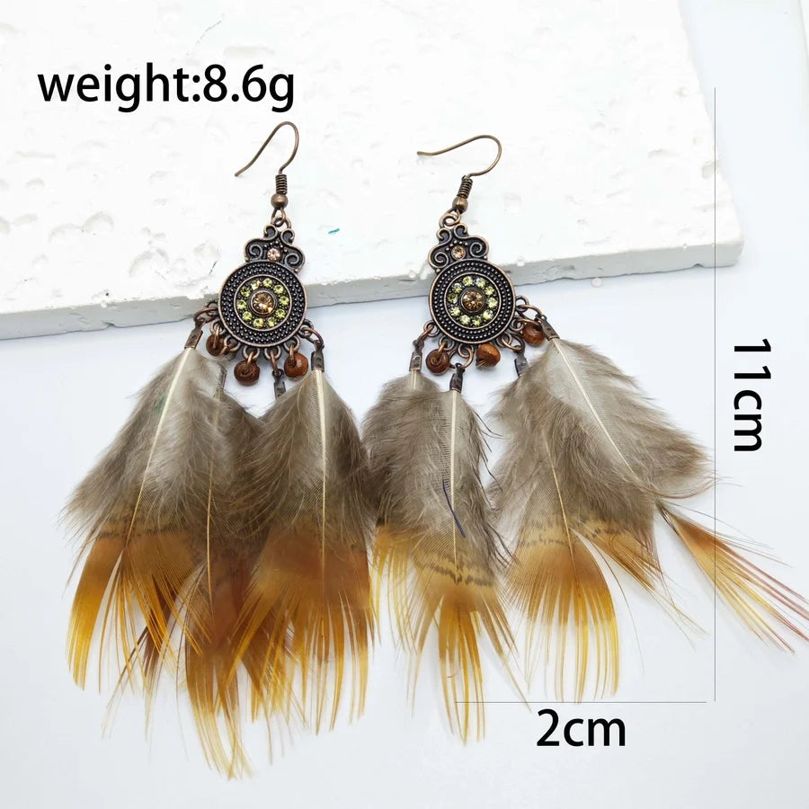 1 Pair Retro Tropical Geometric Round Leaves Tassel Plating Braid 304 Stainless Steel Feather 18K Gold Plated Drop Earrings