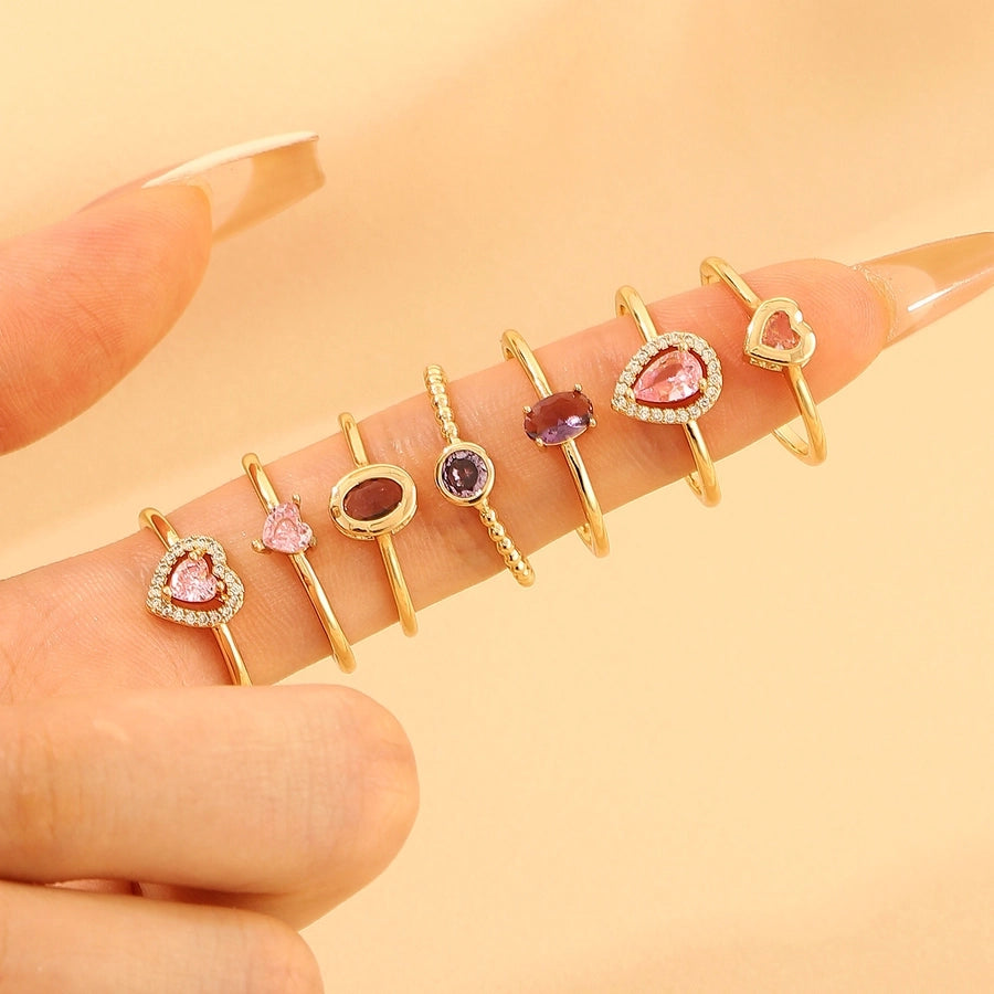 Copper Inlay Geometric Heart Shape Zircon Open Rings