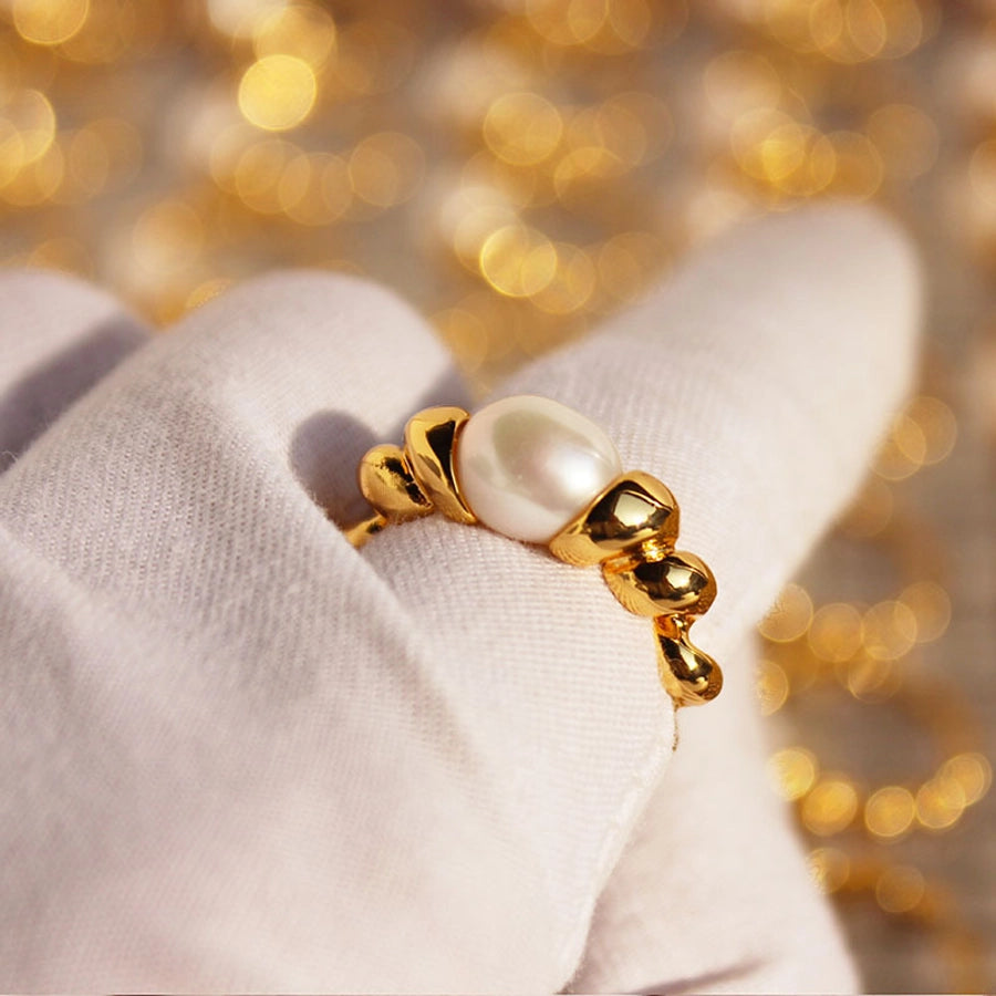 Freshwater Pearl Brass 24K Gold Plated Irregular Spiral Stripe Freshwater Pearl Brass Rings