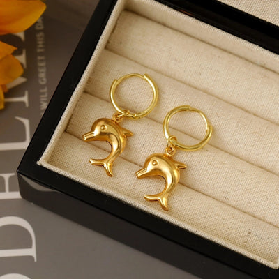 1 Pair Marine Style Scallop Starfish Dolphin Polishing Epoxy 304 Stainless Steel 18K Gold Plated Hoop Earrings Drop Earrings