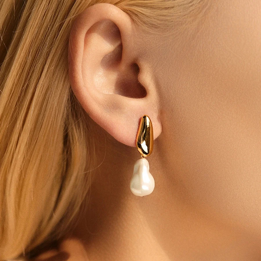 1 Piece Vintage Style Lady Wedding Pearl Inlay Copper Artificial Pearls 18K Gold Plated Drop Earrings