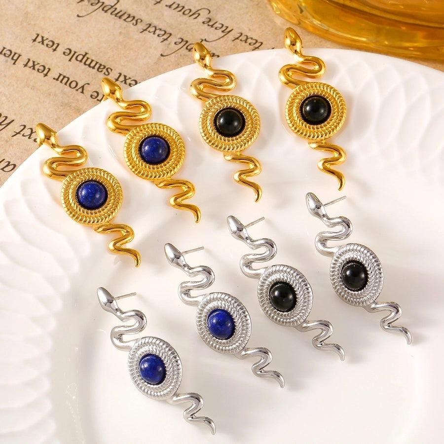 1 Pair Retro British Style Round Snake Plating Inlay 304 Stainless Steel Natural Stone Agate 18K Gold Plated Ear Studs