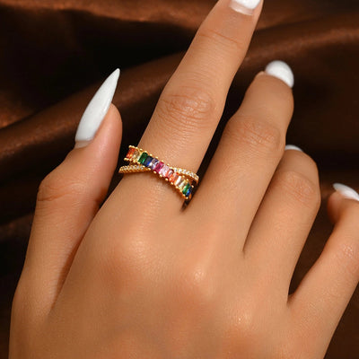 Copper 18K Gold Plated Irregular Inlay Geometric Zircon Open Rings