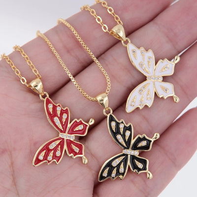 Copper 18K Gold Plated Epoxy Inlay Butterfly Zircon Pendant Necklace