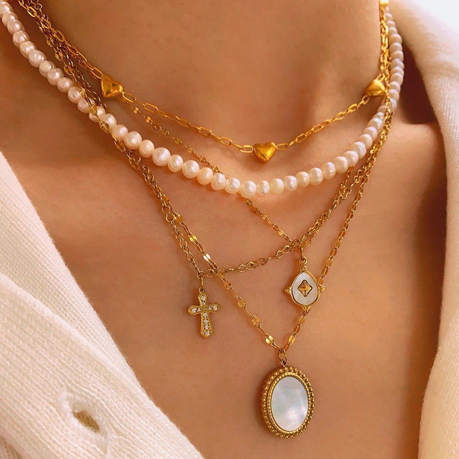 Jewelry Casual Elegant Cross Heart Shape 304 Stainless Steel Shell 18K Gold Plated Pendant Necklace