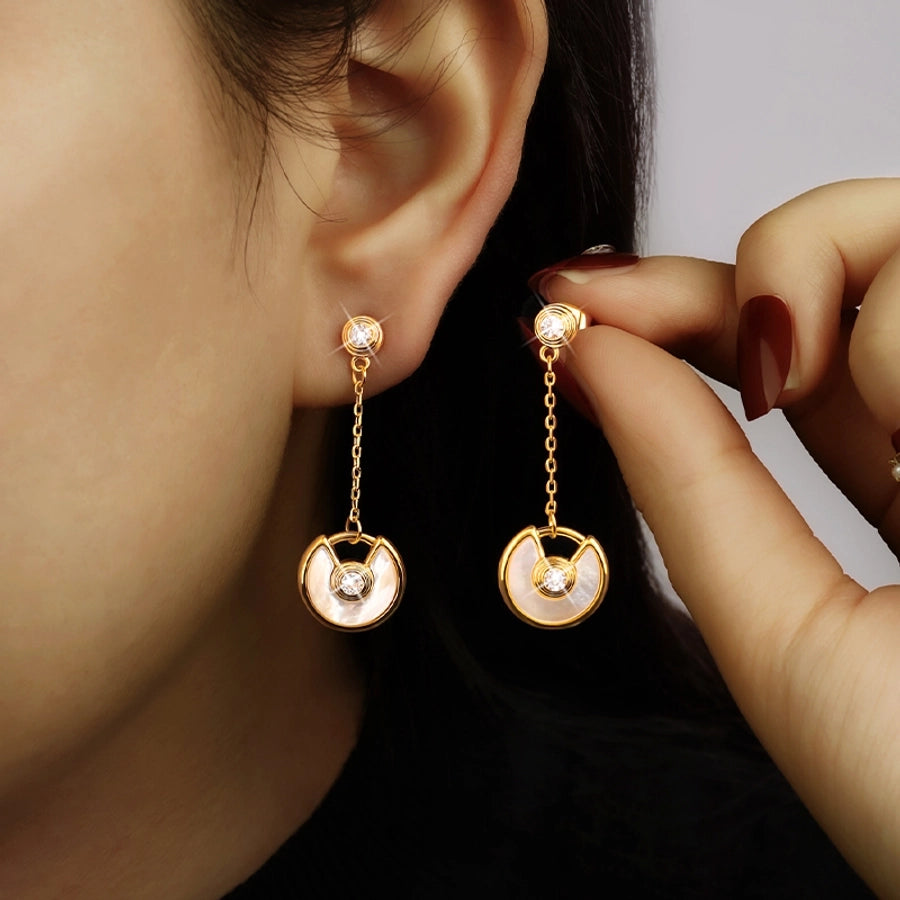 1 Pair Retro French Style Round Heart Shape Copper Zircon 18K Gold Plated Drop Earrings