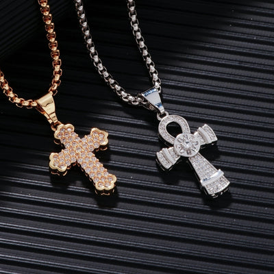 Hip-Hop Rock Shiny Cross Wings 304 Stainless Steel Copper Zircon K Gold Plated Rhodium Plated Unisex Pendant Necklace