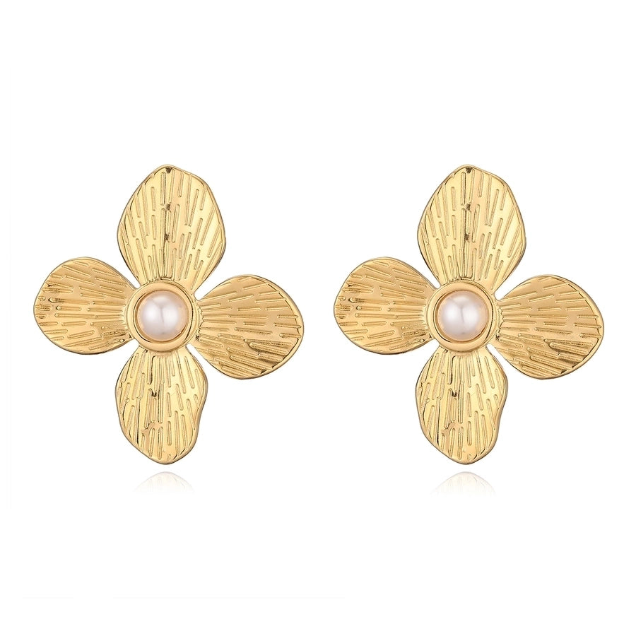 1 Pair Retro Exaggerated Flower Inlay 304 Stainless Steel Pearl Ear Studs