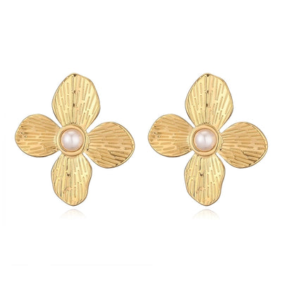 1 Pair Retro Exaggerated Flower Inlay 304 Stainless Steel Pearl Ear Studs