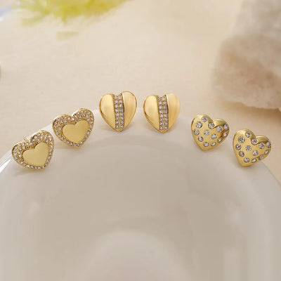1 Pair Retro Simple Style Commute Heart Shape Inlay Copper Zircon 18K Gold Plated Ear Studs