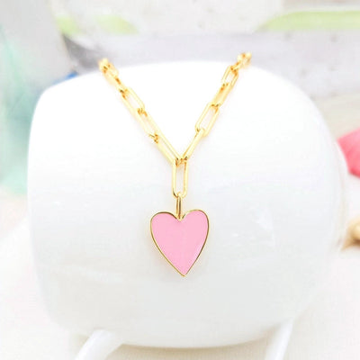 Copper Paperclip Chain Enamel Heart Shape Pendant Necklace