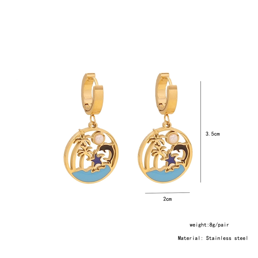 Jewelry Hawaiian Commute Coconut Tree Dolphin 304 Stainless Steel Pearl 18K Gold Plated Hollow Out Jewelry Set