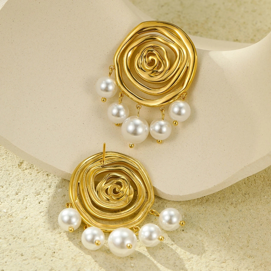 1 Pair IG Style Spiral Stripe Pearl Plating 304 Stainless Steel 18K Gold Plated Ear Studs