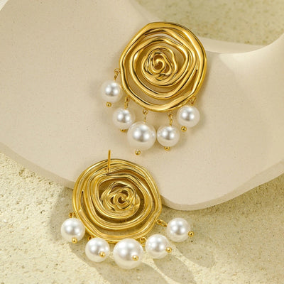 1 Pair IG Style Spiral Stripe Pearl Plating 304 Stainless Steel 18K Gold Plated Ear Studs